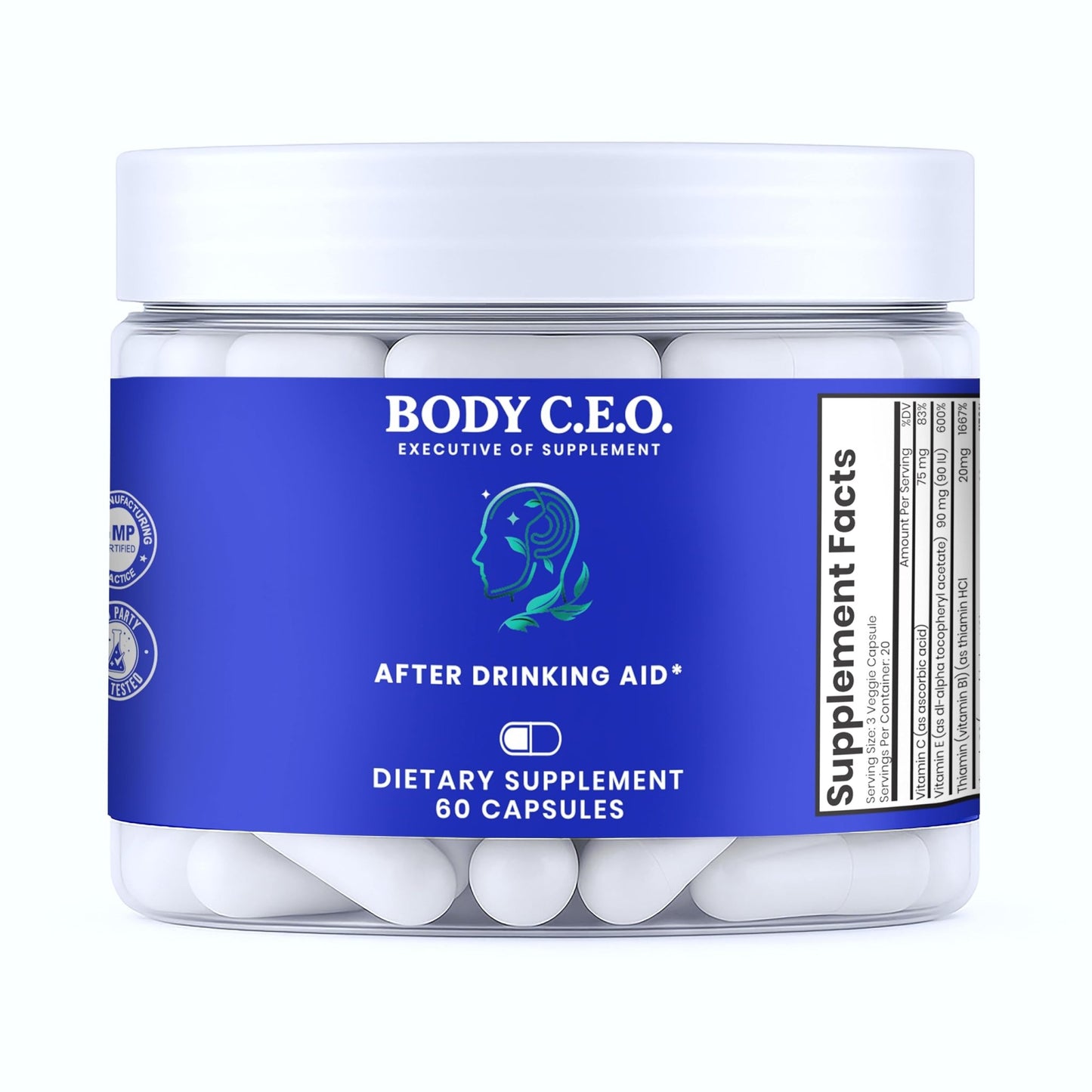 Body C.E.O. After Drinking Aid - Electrolyte Balance & Recovery - DHM (Dihydromyricetin), L-Cysteine, Prickly Pear, Milk Thistle, Zinger, Vitamin-B for Recovery - Filler-Free Formula - 60 Capsules - dailyvitalstore