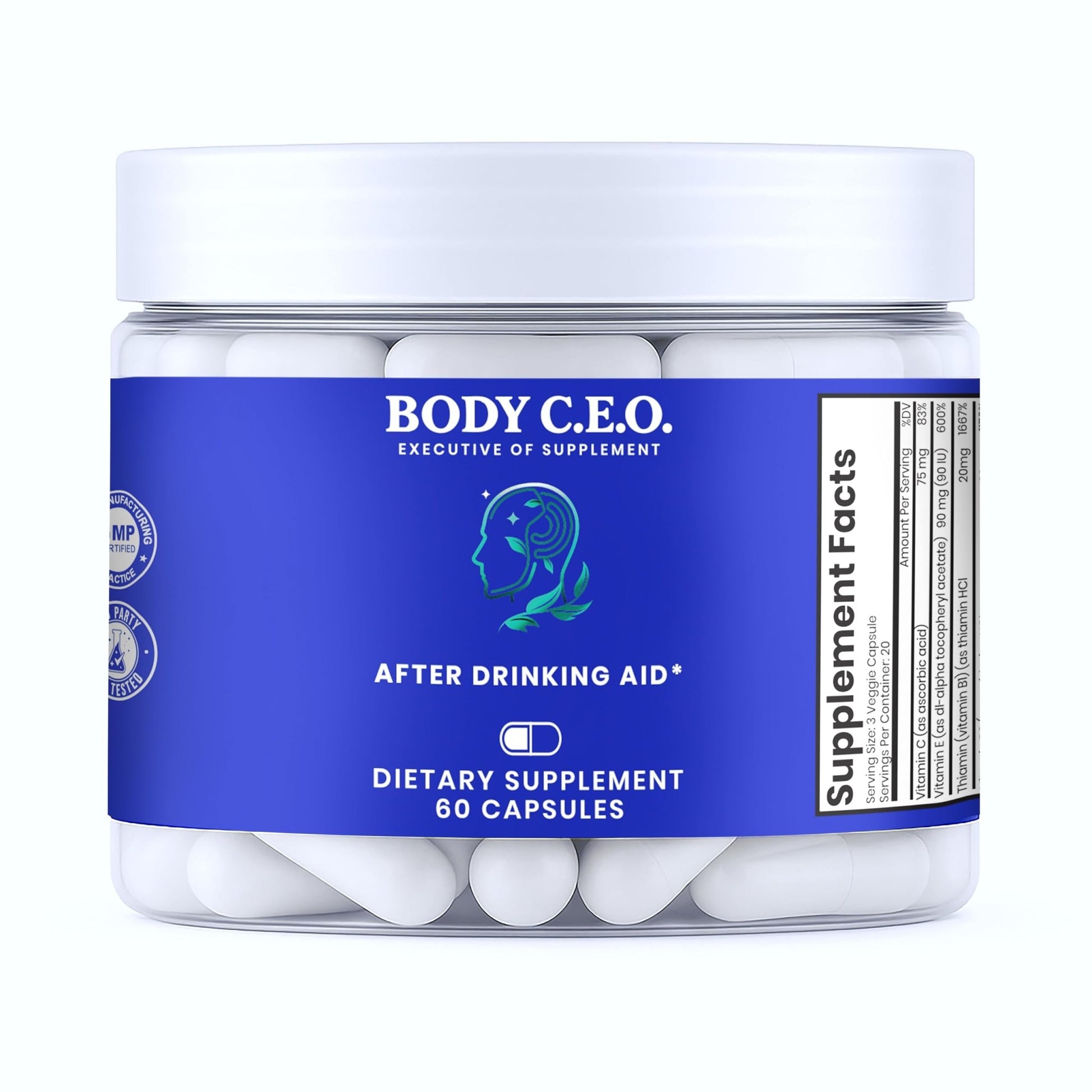 Body C.E.O. After Drinking Aid - Electrolyte Balance & Recovery - DHM (Dihydromyricetin), L-Cysteine, Prickly Pear, Milk Thistle, Zinger, Vitamin-B for Recovery - Filler-Free Formula - 60 Capsules - dailyvitalstore