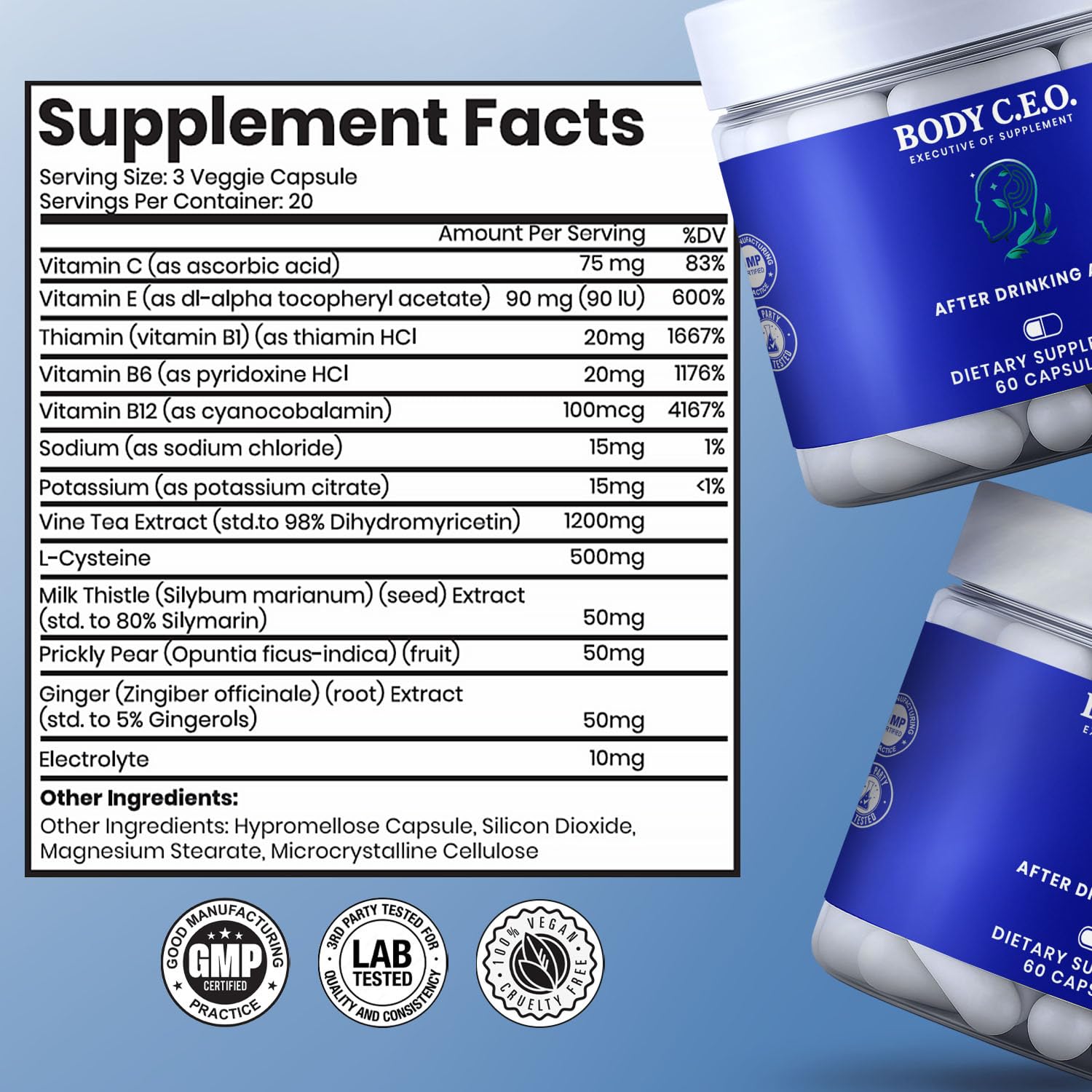 Body C.E.O. After Drinking Aid - Electrolyte Balance & Recovery - DHM (Dihydromyricetin), L-Cysteine, Prickly Pear, Milk Thistle, Zinger, Vitamin-B for Recovery - Filler-Free Formula - 60 Capsules - dailyvitalstore