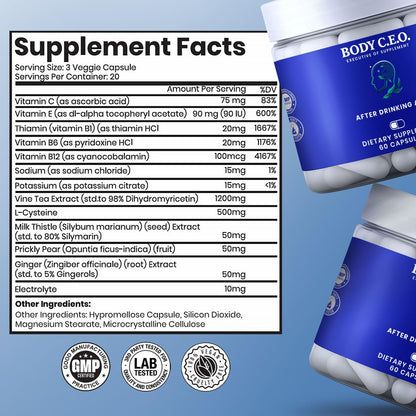Body C.E.O. After Drinking Aid - Electrolyte Balance & Recovery - DHM (Dihydromyricetin), L-Cysteine, Prickly Pear, Milk Thistle, Zinger, Vitamin-B for Recovery - Filler-Free Formula - 60 Capsules - dailyvitalstore