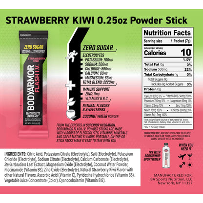 BODYARMOR Flash IV Electrolyte Packets, Strawberry Kiwi - Zero Sugar Drink Mix, Single Serve Packs, Coconut Water Powder (15 Count) - dailyvitalstore