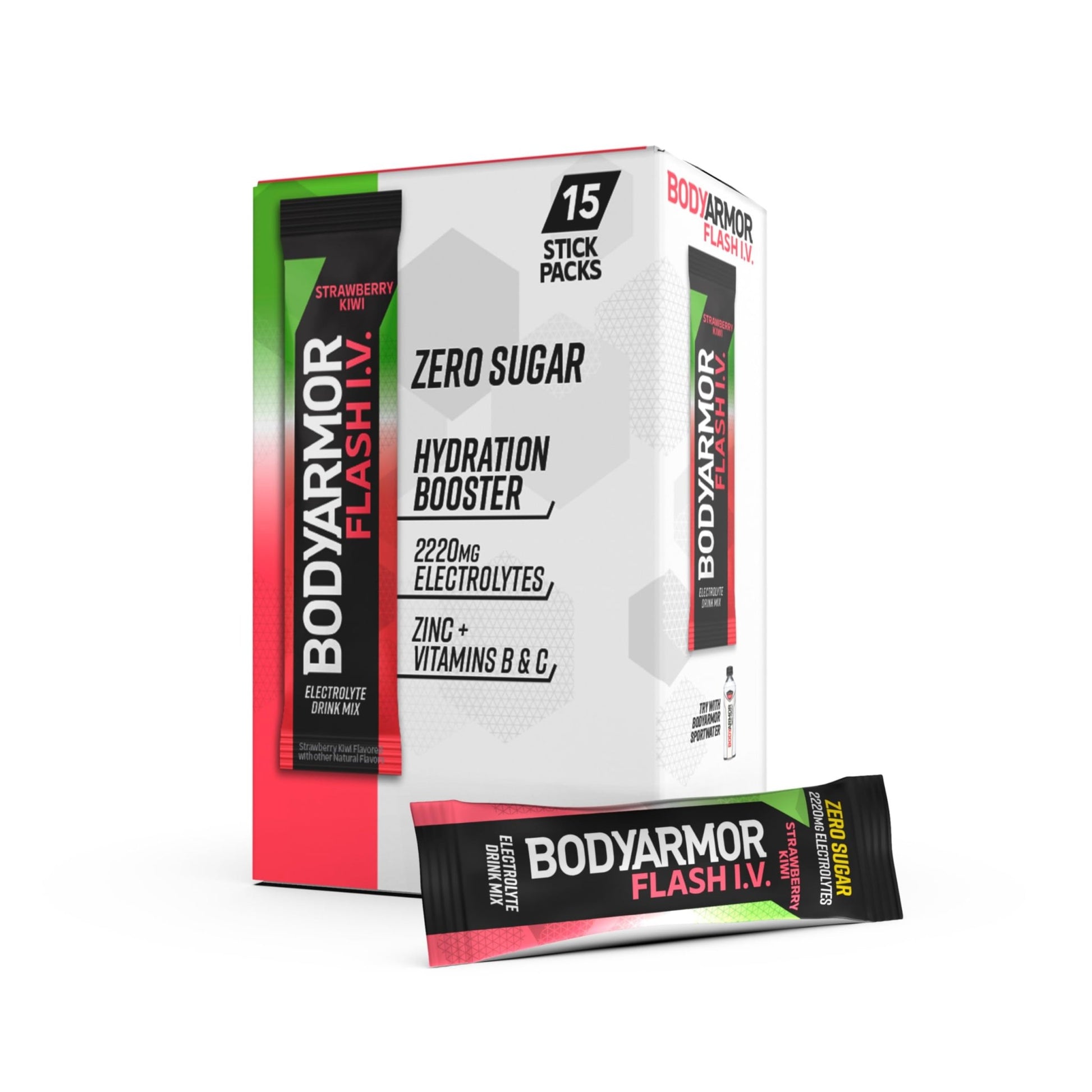 BODYARMOR Flash IV Electrolyte Packets, Strawberry Kiwi - Zero Sugar Drink Mix, Single Serve Packs, Coconut Water Powder (15 Count) - dailyvitalstore