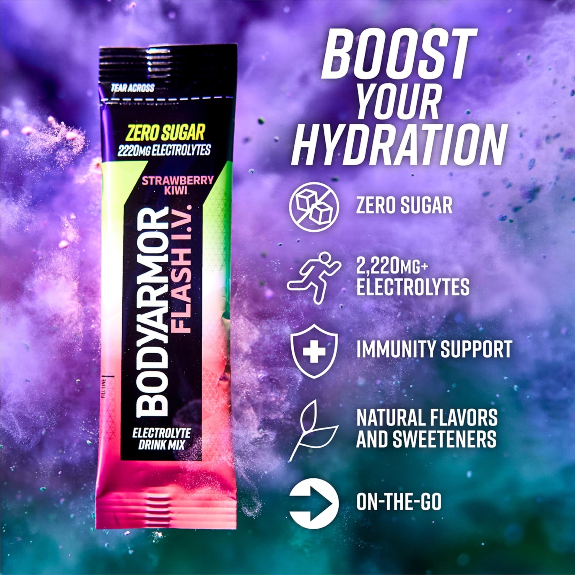 BODYARMOR Flash IV Electrolyte Packets, Strawberry Kiwi - Zero Sugar Drink Mix, Single Serve Packs, Coconut Water Powder (15 Count) - dailyvitalstore
