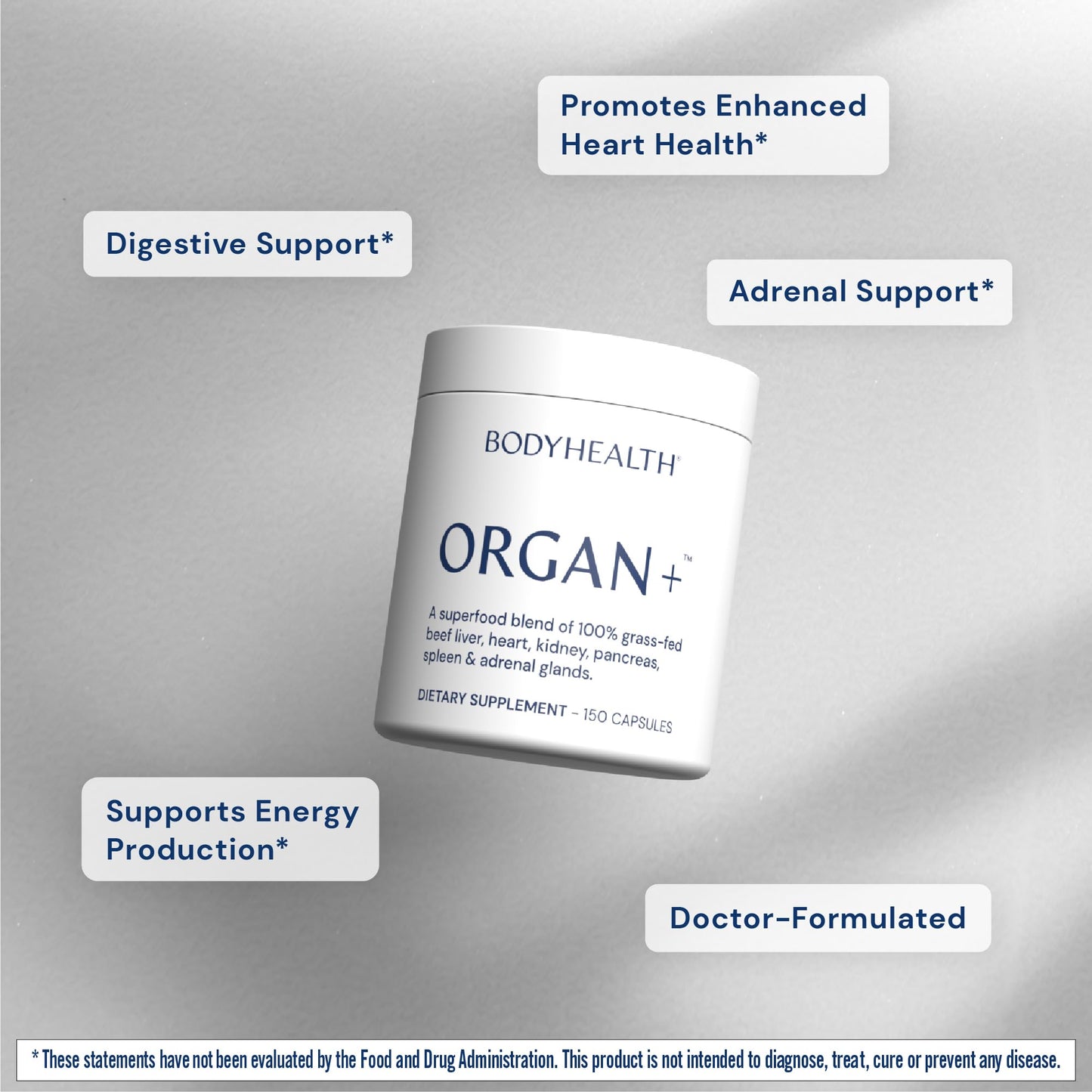BodyHealth Organ+ Grass-Fed Glandular Organ Complex, Grassfed Beef Organ Supplement, Dessicated Beef Liver, Heart, Kidney, Pancreas, Spleen, Non GMO, Adrenal, Supplement, (150 Capsules) - dailyvitalstore