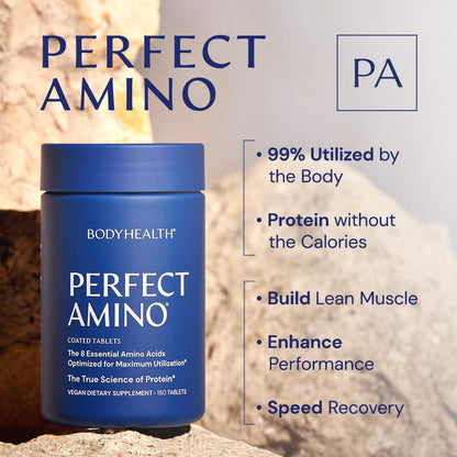 BodyHealth PerfectAmino (150 ct) Easy to Swallow Tablets, Essential Amino Acids Supplement with BCAAs, Vegan Protein for Pre/Post Workout & Muscle Recovery with Lysine, Tryptophan, Leucine, Methionine - dailyvitalstore
