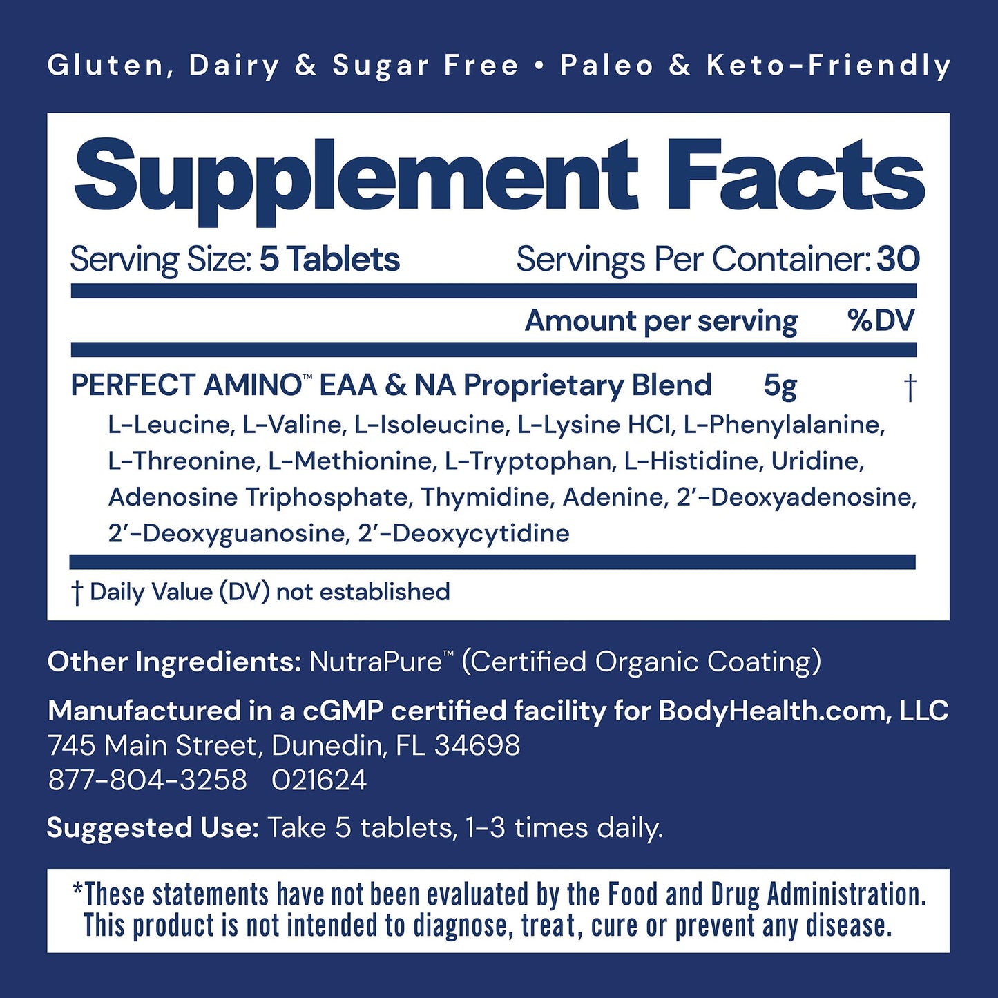 BodyHealth PerfectAmino (150 ct) Easy to Swallow Tablets, Essential Amino Acids Supplement with BCAAs, Vegan Protein for Pre/Post Workout & Muscle Recovery with Lysine, Tryptophan, Leucine, Methionine - dailyvitalstore