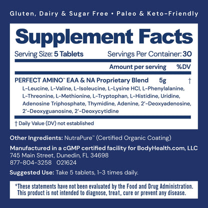 BodyHealth PerfectAmino (150 ct) Easy to Swallow Tablets, Essential Amino Acids Supplement with BCAAs, Vegan Protein for Pre/Post Workout & Muscle Recovery with Lysine, Tryptophan, Leucine, Methionine - dailyvitalstore