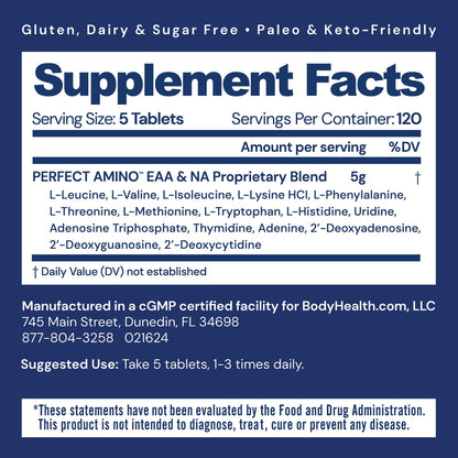 BodyHealth PerfectAmino, Essential Amino Acid with BCAAs + Lysine, Phenylalanine, Threonine, Methionine, Tryptophan, Supplement for Muscle Mass Production, - dailyvitalstore