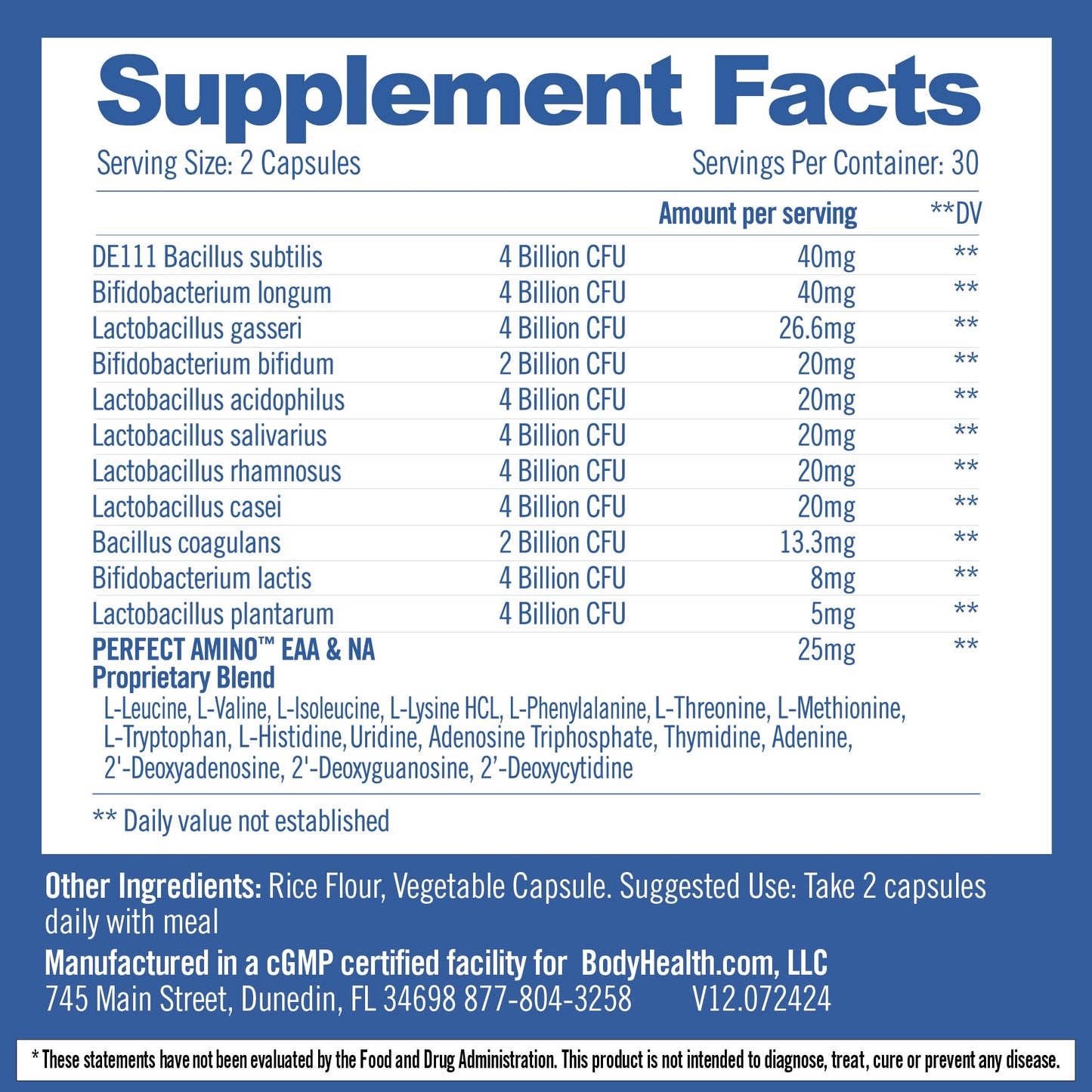 BodyHealth Probiotic Enhanced with PerfectAmino for Women and Men, Spore Based with Bifidobacterium, Lactobacillus Salivarius, - dailyvitalstore