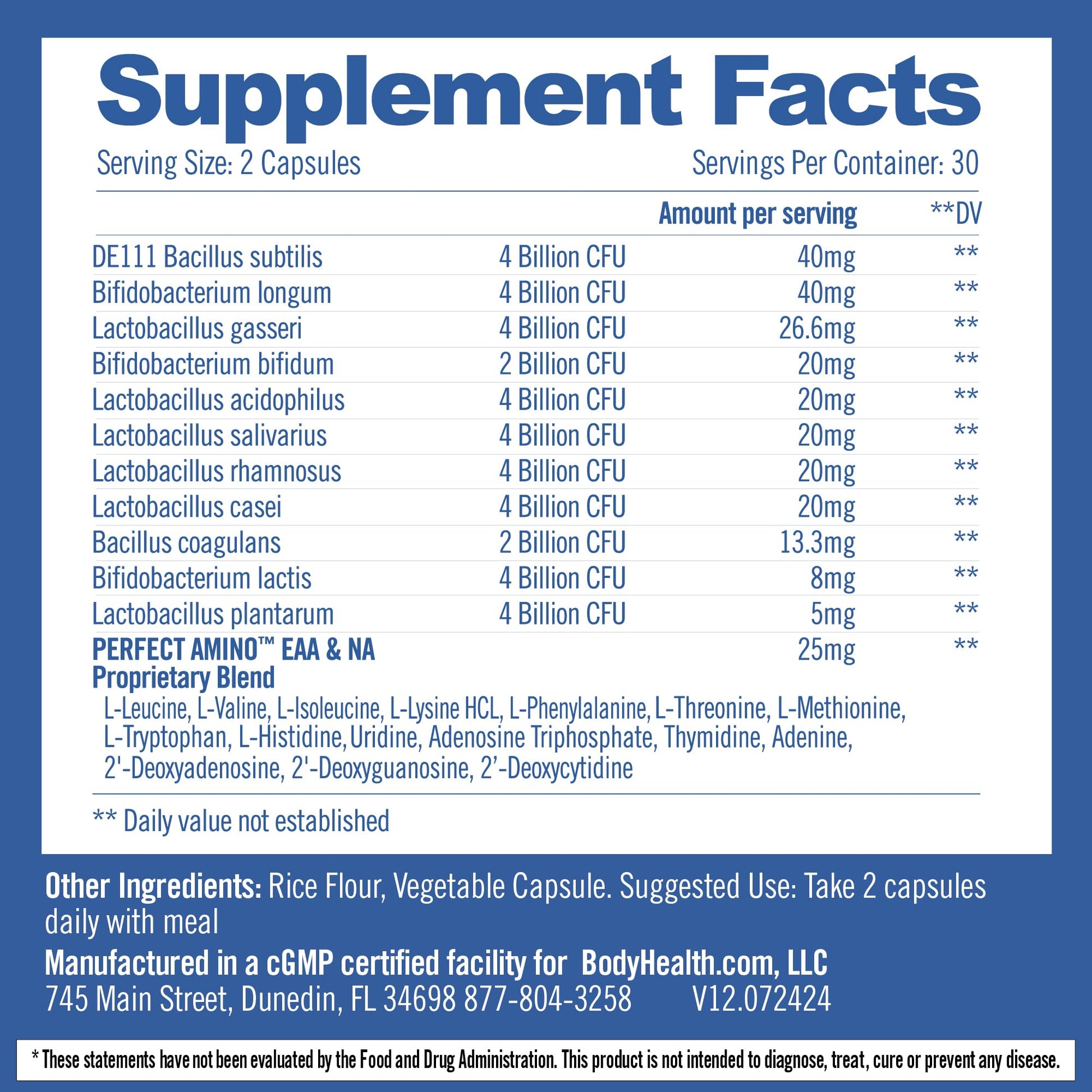 BodyHealth Probiotic Enhanced with PerfectAmino for Women and Men, Spore Based with Bifidobacterium, Lactobacillus Salivarius, - dailyvitalstore