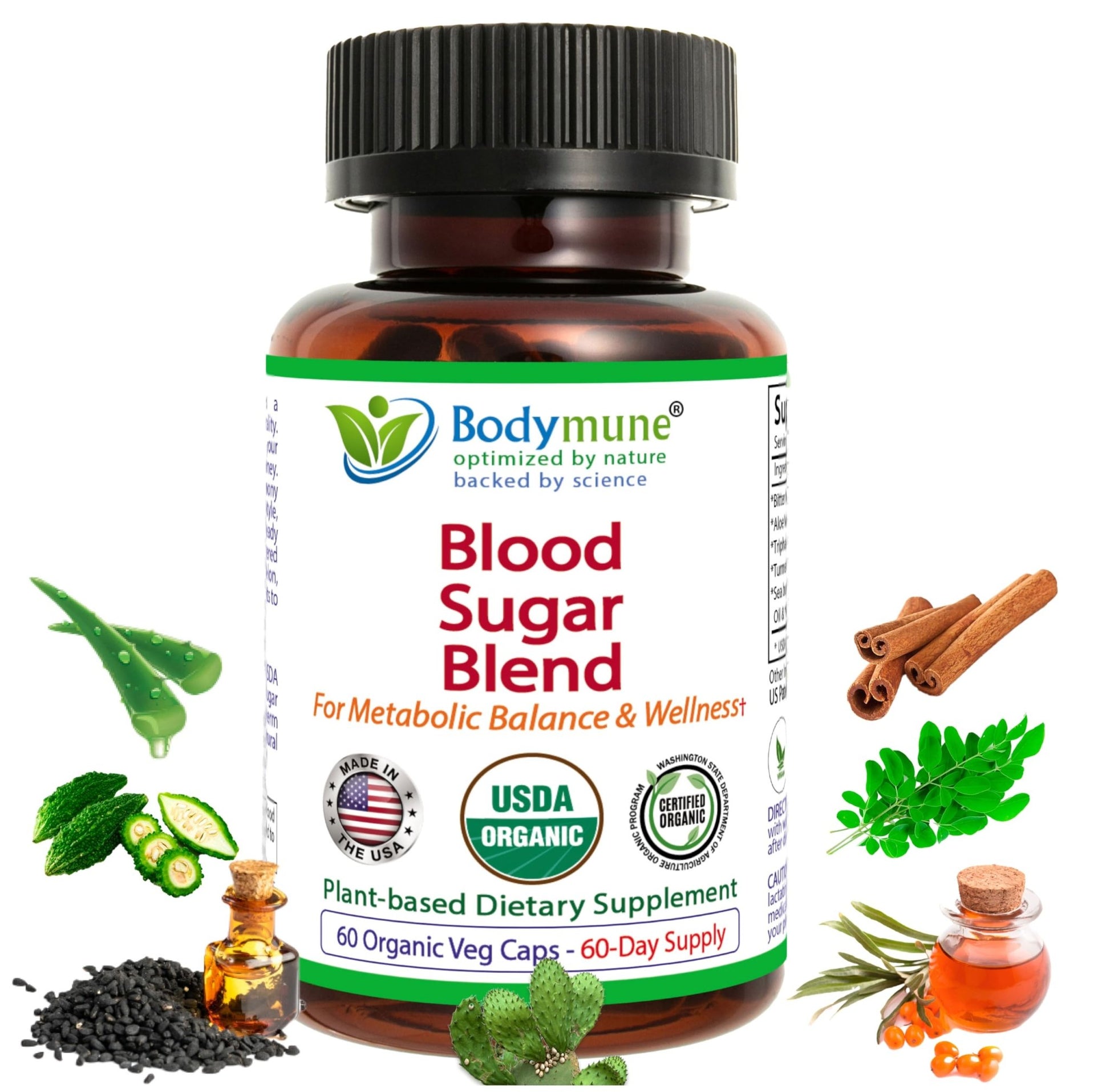 Bodymune Blood Sugar Blend – Organic Blood Sugar Support Supplement – with Bitter Melon Capsules, Moringa, & Black Seed Oil – 66 Capsules - dailyvitalstore