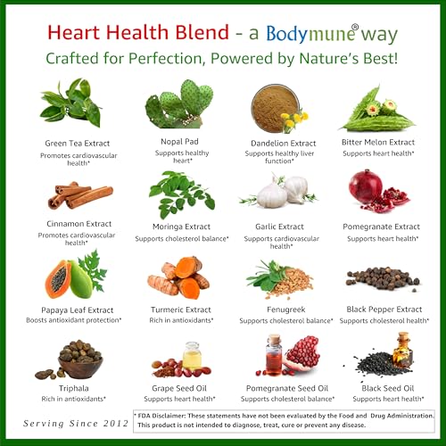 Bodymune Heart Health Blend Cholesterol Support – Organic Cardiovascular & Circulation Supplement – with Green Tea, Pomegranate & Black Seed Oil – 66 Capsules – USDA Organic, Vegan - dailyvitalstore