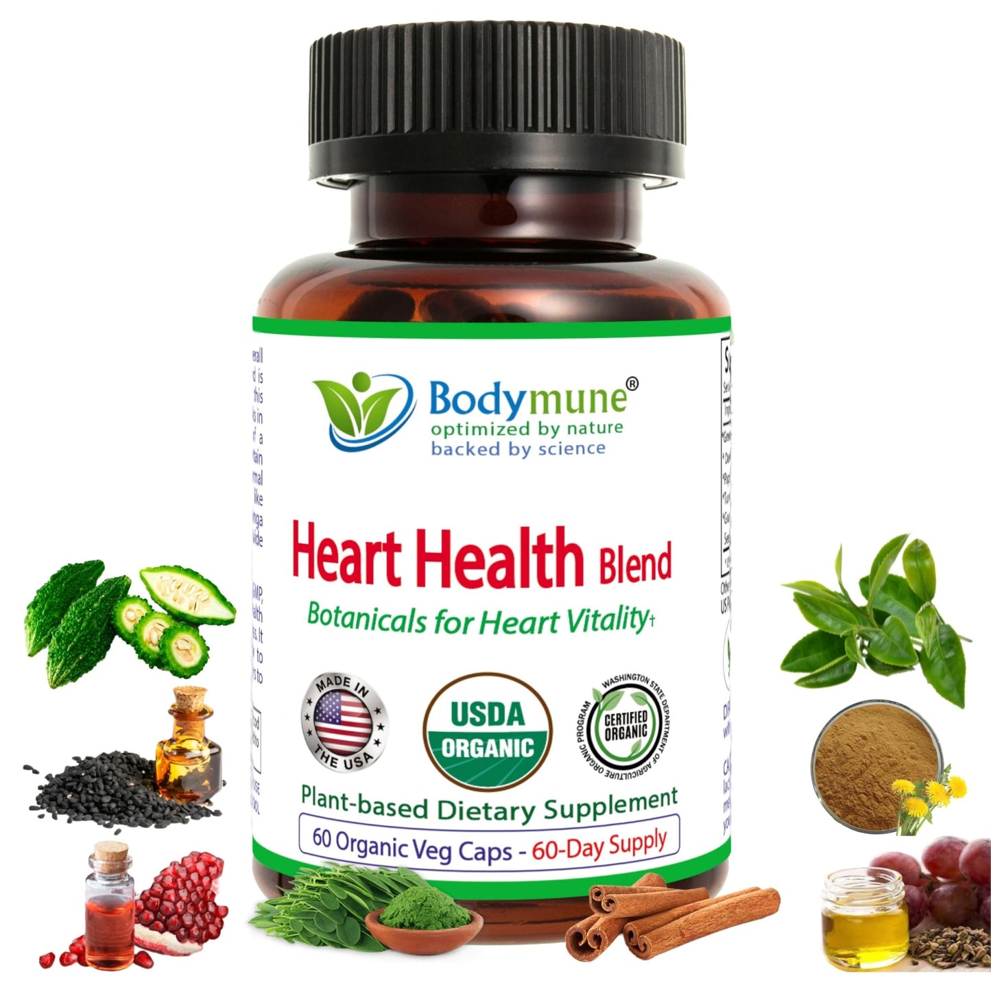 Bodymune Heart Health Blend Cholesterol Support – Organic Cardiovascular & Circulation Supplement – with Green Tea, Pomegranate & Black Seed Oil – 66 Capsules – USDA Organic, Vegan - dailyvitalstore