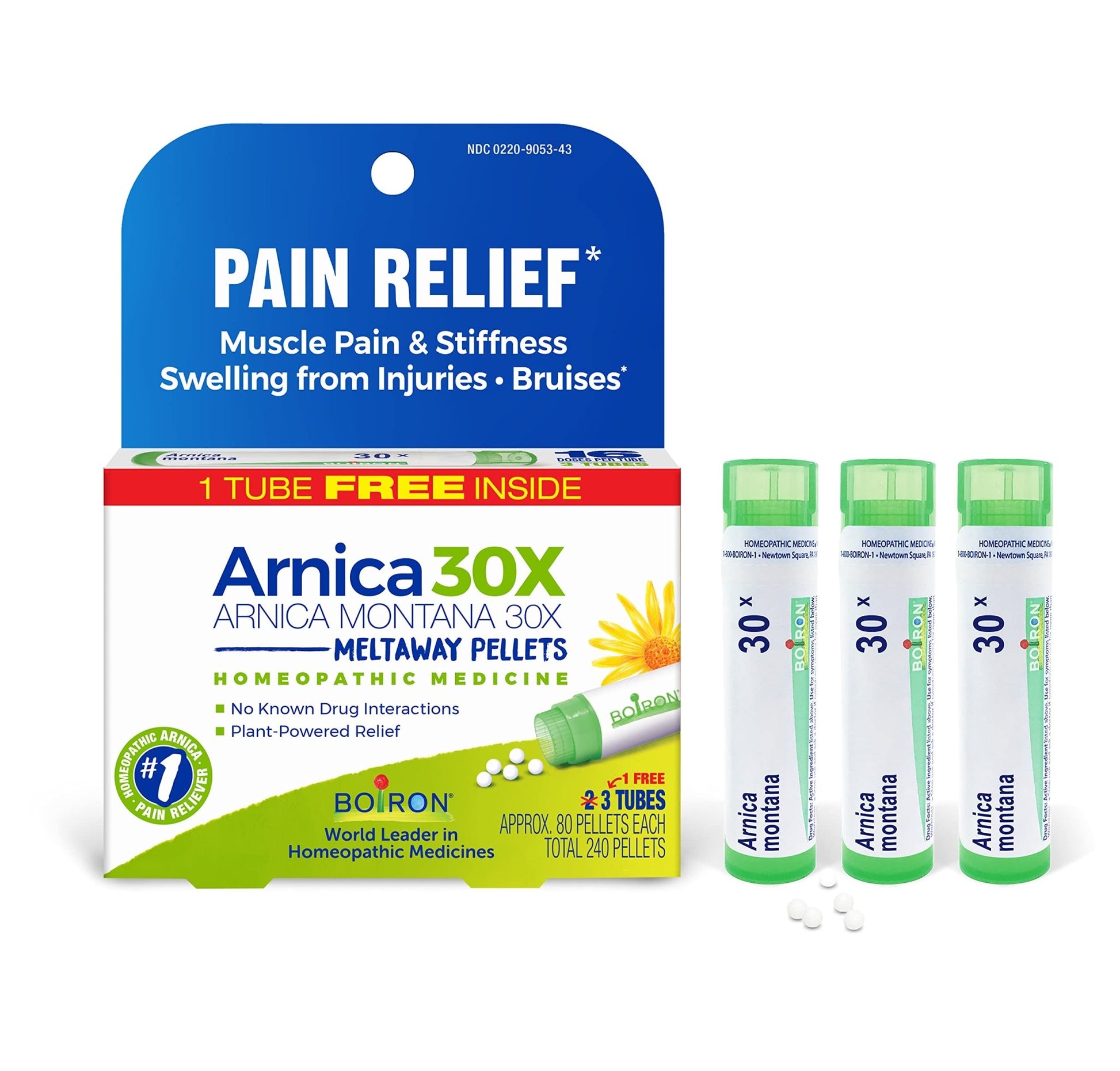 Boiron Arnica Montana 30X Homeopathic Medicine for Relief from Muscle Pain, Muscle Stiffness, Swelling from Injury, and Discoloration from Bruises - 3 Count (240 Pellets) - dailyvitalstore