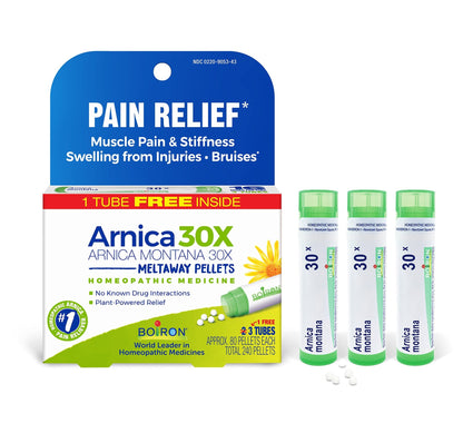 Boiron Arnica Montana 30X Homeopathic Medicine for Relief from Muscle Pain, Muscle Stiffness, Swelling from Injury, and Discoloration from Bruises - 3 Count (240 Pellets) - dailyvitalstore