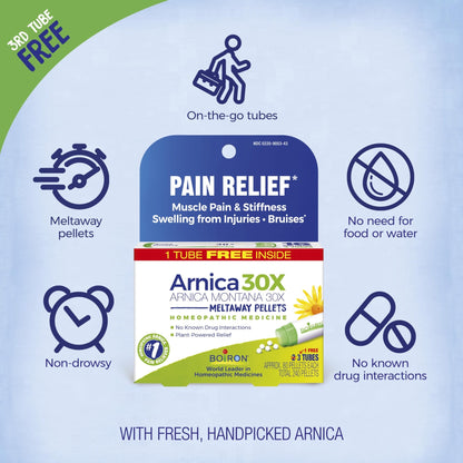 Boiron Arnica Montana 30X Homeopathic Medicine for Relief from Muscle Pain, Muscle Stiffness, Swelling from Injury, and Discoloration from Bruises - 3 Count (240 Pellets) - dailyvitalstore