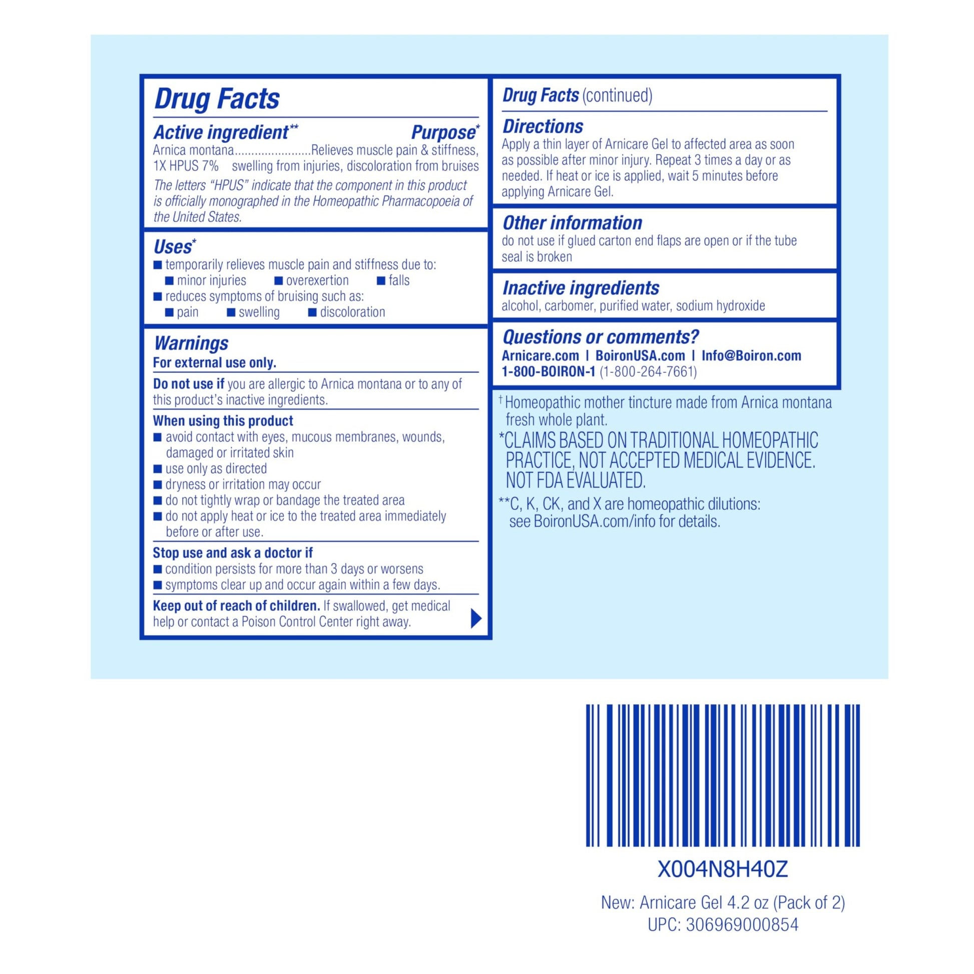 Boiron Arnicare Gel 4.2 oz (Twin Pack) for Joint Pain Relief, Muscle Pain, Muscle Soreness, and Swelling from Bruises or Injury - Non-Greasy and Fragrance-Free Arnica - dailyvitalstore