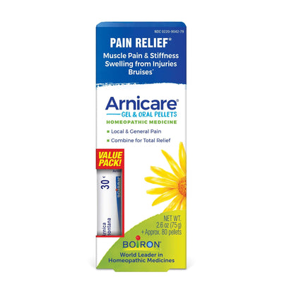 Boiron Arnicare Gel and Arnica 30c Value Pack for Pain Relief, Muscle Soreness, and Swelling from Bruising or Injury - 2.6 oz + 80 Pellet Tube - dailyvitalstore