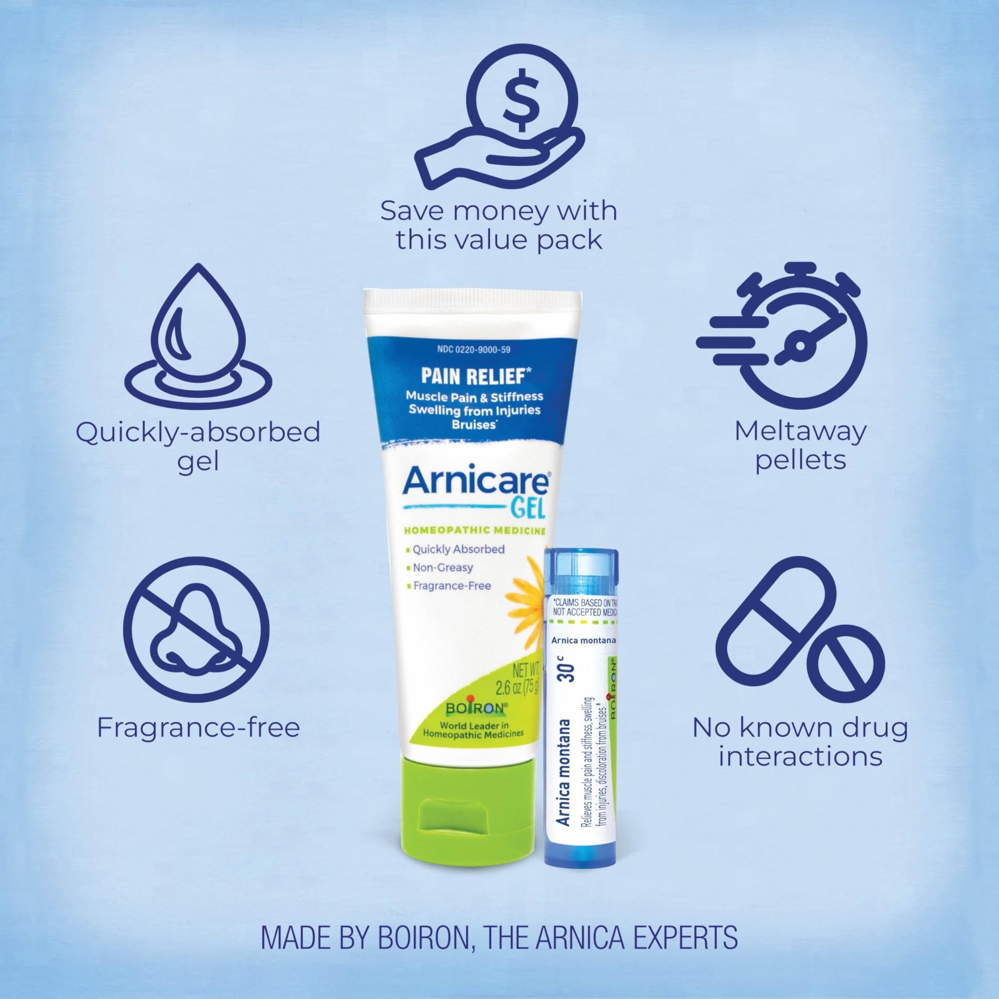 Boiron Arnicare Gel and Arnica 30c Value Pack for Pain Relief, Muscle Soreness, and Swelling from Bruising or Injury - 2.6 oz + 80 Pellet Tube - dailyvitalstore