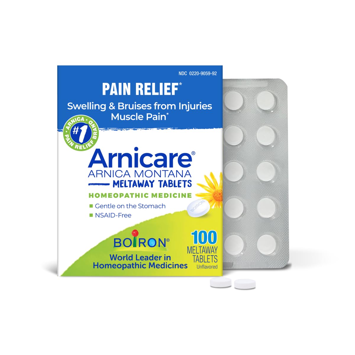 Boiron Arnicare Tablets - 100 Count for Pain Relief from Muscle Pain, Joint Soreness, Swelling from Injury or Bruises - Arnica Meltaway Tabs - dailyvitalstore