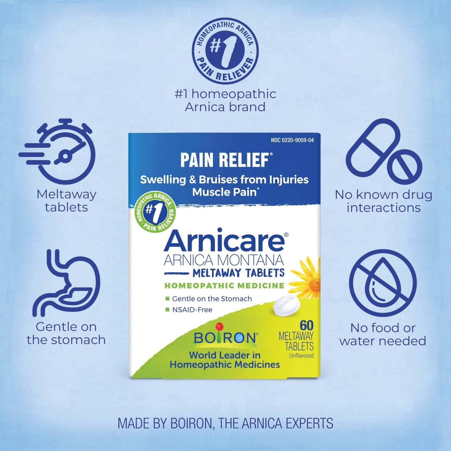 Boiron Arnicare Tablets - 100 Count for Pain Relief from Muscle Pain, Joint Soreness, Swelling from Injury or Bruises - Arnica Meltaway Tabs - dailyvitalstore
