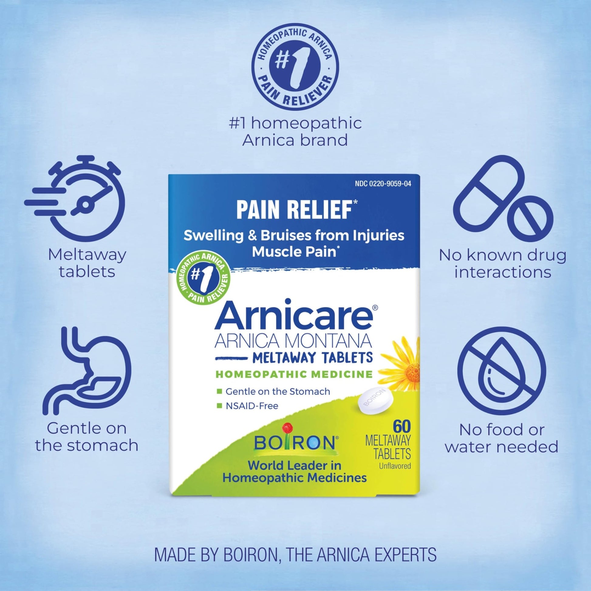 Boiron Arnicare Tablets - 100 Count for Pain Relief from Muscle Pain, Joint Soreness, Swelling from Injury or Bruises - Arnica Meltaway Tabs - dailyvitalstore