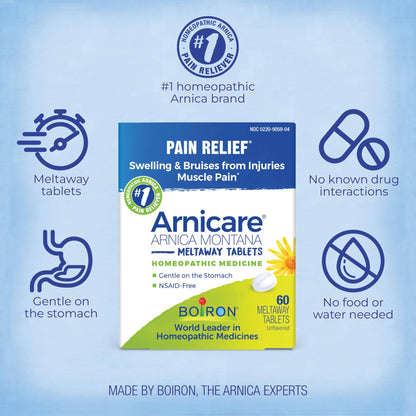 Boiron Arnicare Tablets - 100 Count for Pain Relief from Muscle Pain, Joint Soreness, Swelling from Injury or Bruises - Arnica Meltaway Tabs - dailyvitalstore