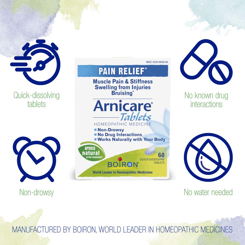 Boiron Arnicare Tablets for Pain Relief from Muscle Pain, Joint Soreness, Swelling from Injury or Bruises - 120 Count (2 Pack of 60) - dailyvitalstore