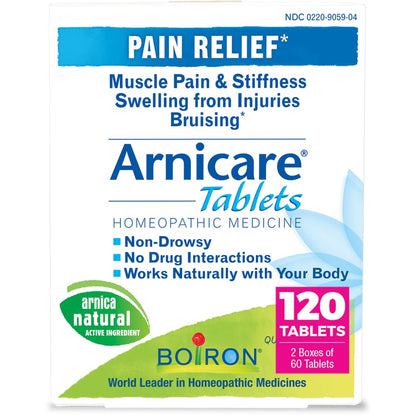 Boiron Arnicare Tablets for Pain Relief from Muscle Pain, Joint Soreness, Swelling from Injury or Bruises - 120 Count (2 Pack of 60) - dailyvitalstore