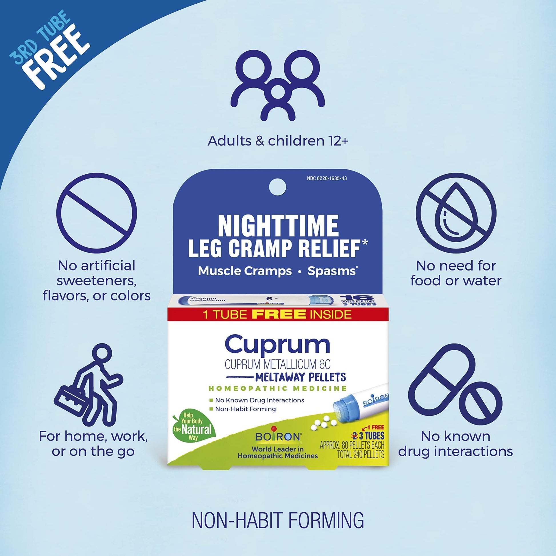Boiron Cuprum Metallicum 6C Homeopathic Medicine for Nighttime Leg Cramp Relief, Muscle Cramps, and Spasms - 3 Count (240 Pellets) - dailyvitalstore