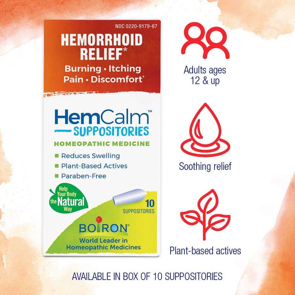 Boiron HemCalm Suppositories for Hemorrhoid Relief of Pain, Itching, Swelling or Discomfort - 10 Count (Pack of 2) - dailyvitalstore