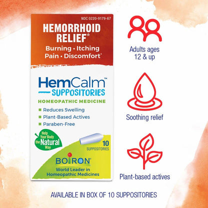 Boiron HemCalm Suppositories for Hemorrhoid Relief of Pain, Itching, Swelling or Discomfort - 10 Count (Pack of 2) - dailyvitalstore