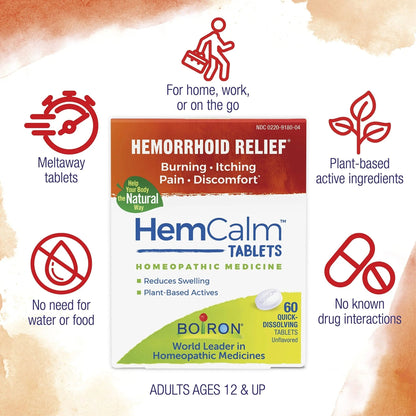 Boiron HemCalm Tablets for Hemorrhoid Relief of Pain, Itching, Swelling or Discomfort - 60 Count - dailyvitalstore
