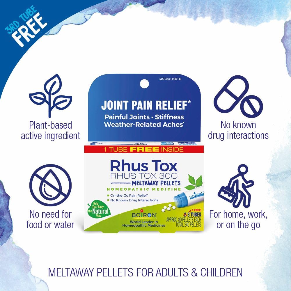 Boiron Rhus Tox 30C Homeopathic Medicine for Relief from Joint Pain, Muscle Aches, Swollen or Stiff Joints, and Weather Related Aches - 3 Count (240 Pellets) - dailyvitalstore
