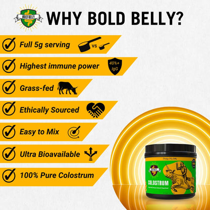 Bold Belly Colostrum Powder Supplement - Whole Cream Bovine Colostrum for Gut & Immune Support, Grass-Fed USA Cows, Cold-Processed - dailyvitalstore