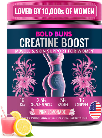 Bold Buns Creatine for Women – Supplement with Collagen & BCAA – Supports Muscle Development, Post-Workout Recovery, Skin Elasticity, - dailyvitalstore