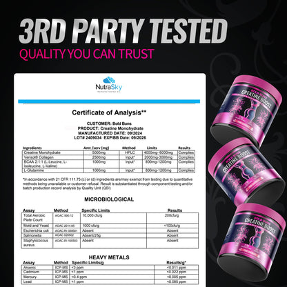 Bold Buns Creatine for Women – Supplement with Collagen & BCAA – Supports Muscle Development, Post-Workout Recovery, Skin Elasticity, - dailyvitalstore