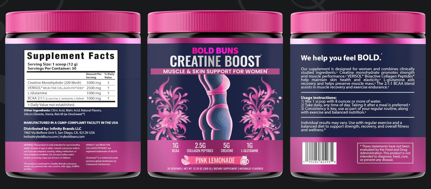 Bold Buns Creatine for Women – Supplement with Collagen & BCAA – Supports Muscle Development, Post-Workout Recovery, Skin Elasticity, - dailyvitalstore