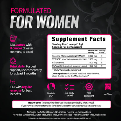 Bold Buns Creatine for Women – Supplement with Collagen & BCAA – Supports Muscle Development, Post-Workout Recovery, Skin Elasticity, - dailyvitalstore