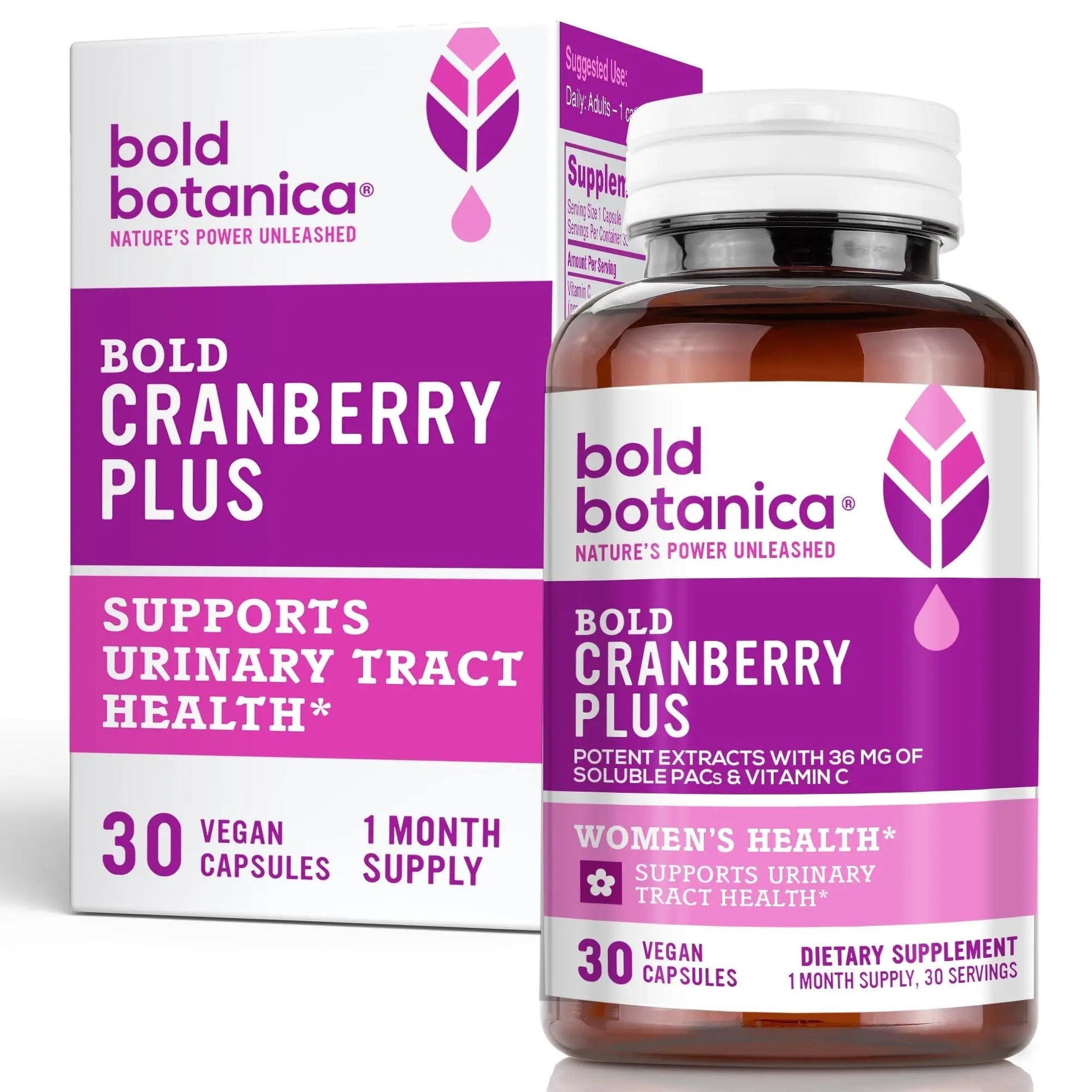 Bold Cranberry Plus Capsules - 100% Soluble 36mg PACs - Cranberry Pills for Women & Men with Urinary Tract Support, Non-GMO Vitamin C — 30 Vegan Capsules, 1 Month Supply - dailyvitalstore