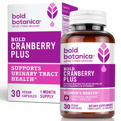 Bold Cranberry Plus Capsules - 100% Soluble 36mg PACs - Cranberry Pills for Women & Men with Urinary Tract Support, Non-GMO Vitamin C — 30 Vegan Capsules, 1 Month Supply - dailyvitalstore