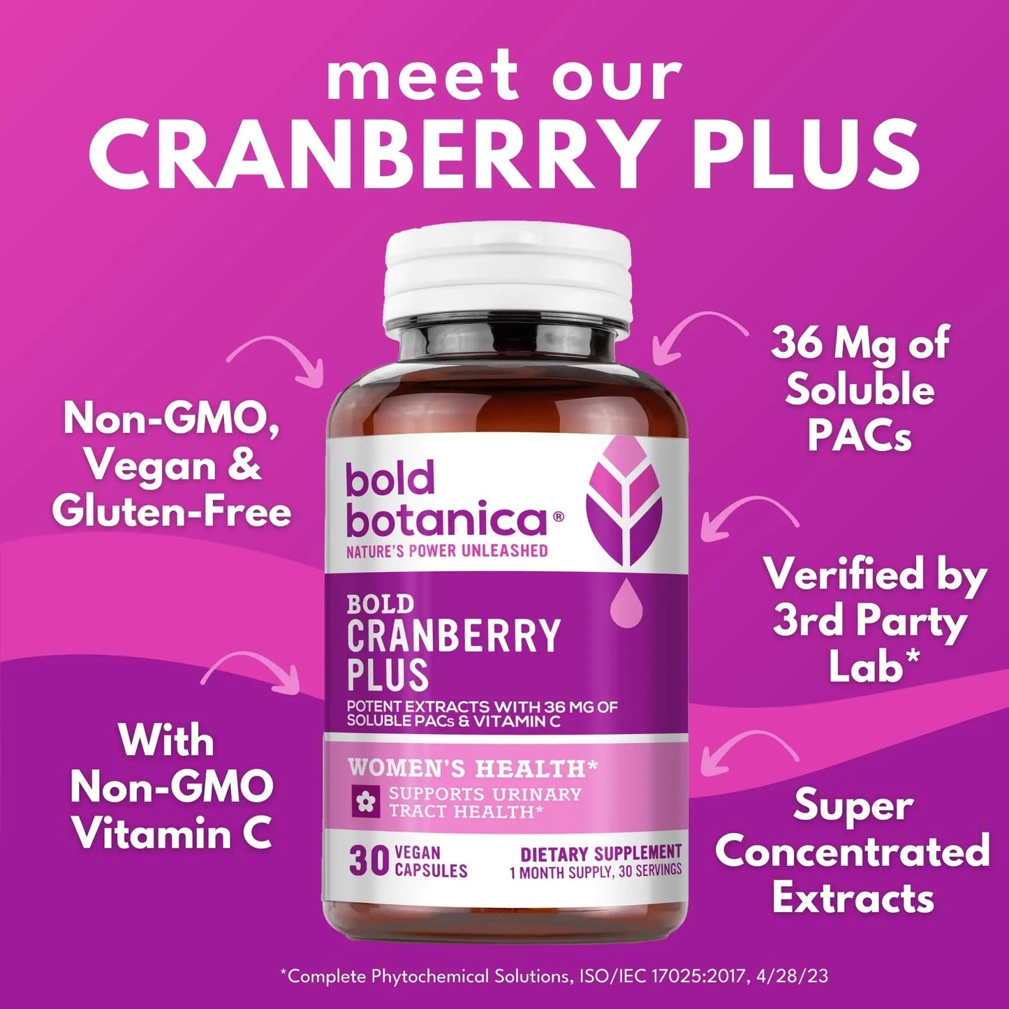 Bold Cranberry Plus Capsules - 100% Soluble 36mg PACs - Cranberry Pills for Women & Men with Urinary Tract Support, Non-GMO Vitamin C — 30 Vegan Capsules, 1 Month Supply - dailyvitalstore