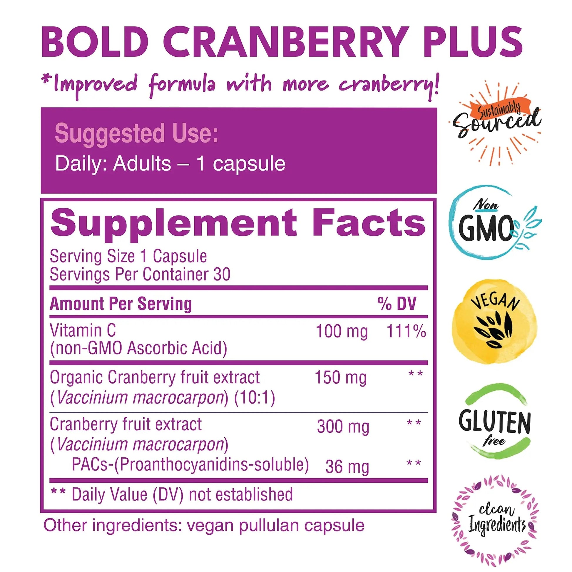 Bold Cranberry Plus Capsules - 100% Soluble 36mg PACs - Cranberry Pills for Women & Men with Urinary Tract Support, Non-GMO Vitamin C — 30 Vegan Capsules, 1 Month Supply - dailyvitalstore