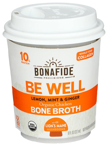 Bonafide Provisions Fresh Organic Be Well Broth with Lemon, Mint & Ginger Organic Chicken Bone Broth, Frozen 8 fl oz - Gluten-Free, Grain-Free, Paleo and Keto Friendly - dailyvitalstore