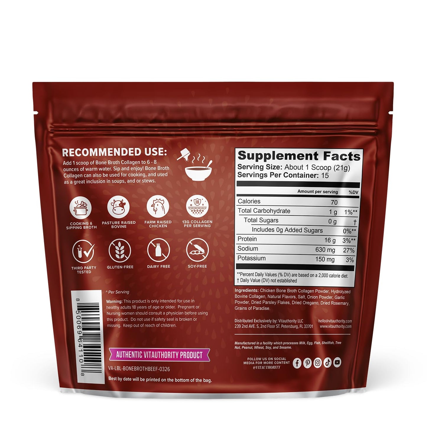 Bone Broth Collagen Powder 16g Collagen Protein per Serving Supports Joints Skin Nails & Gut Health Made from Real Beef Bone Broth Savory Collagen - dailyvitalstore