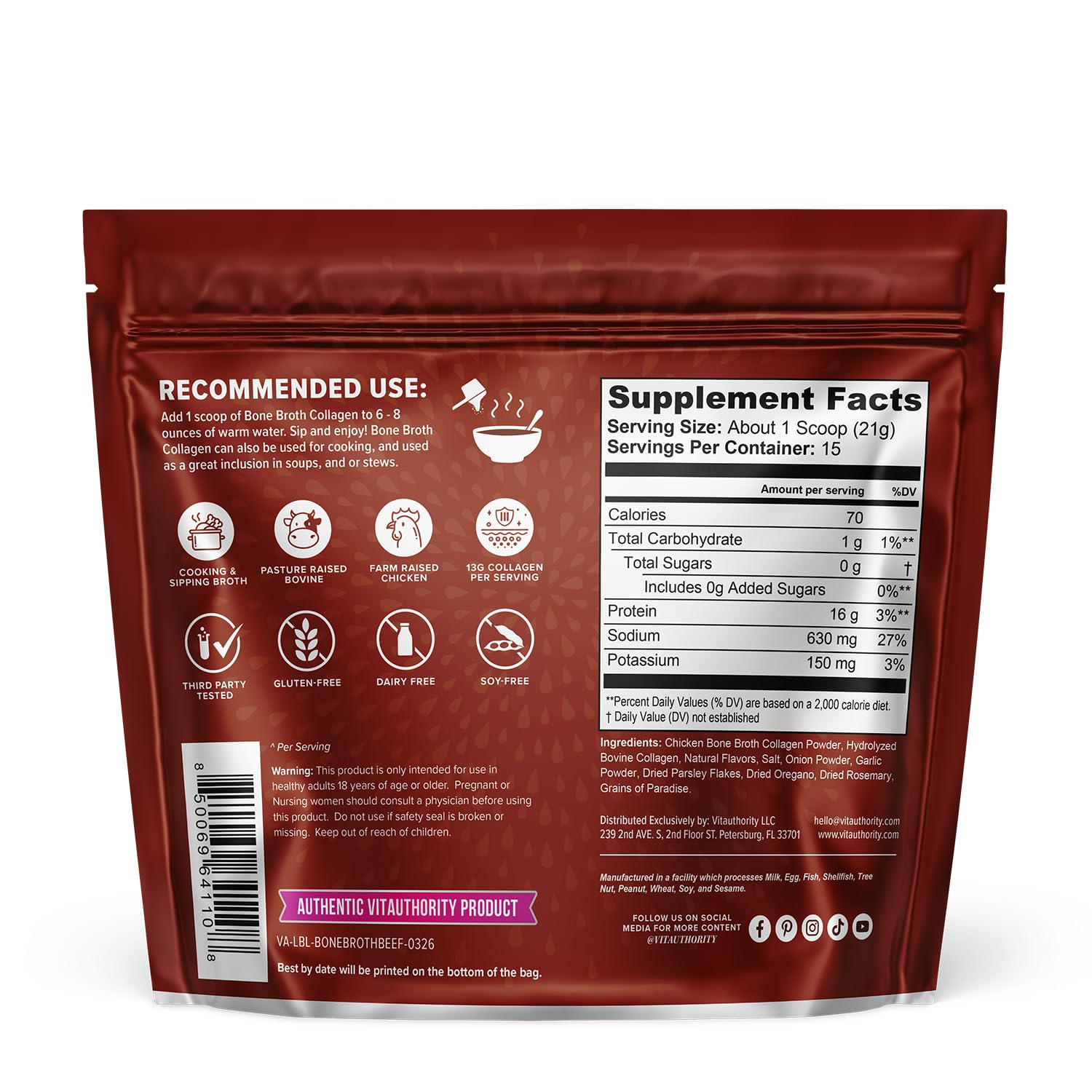 Bone Broth Collagen Powder 16g Collagen Protein per Serving Supports Joints Skin Nails & Gut Health Made from Real Beef Bone Broth Savory Collagen - dailyvitalstore