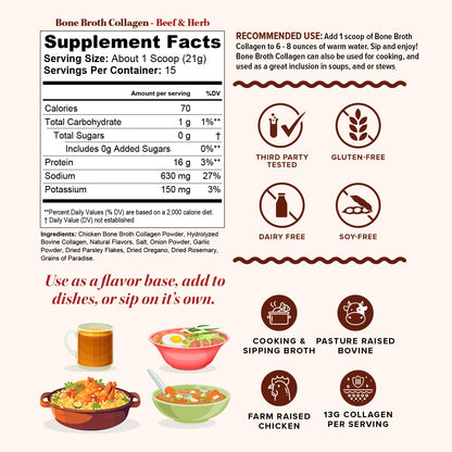 Bone Broth Collagen Powder 16g Collagen Protein per Serving Supports Joints Skin Nails & Gut Health Made from Real Beef Bone Broth Savory Collagen - dailyvitalstore