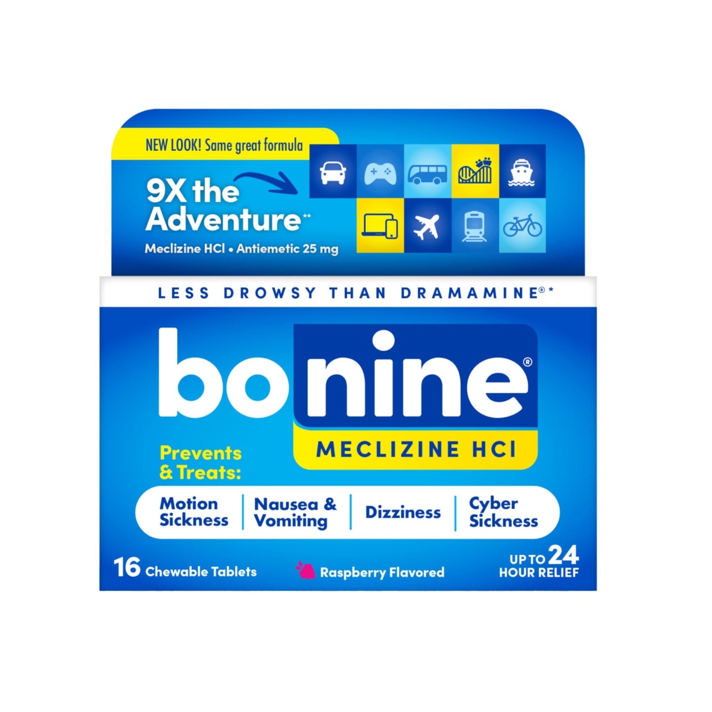 Bonine Non-Drowsy for Motion Sickness Relief, Sea Sickness, Car Sickness, Nausea, & Vomiting - Meclizine HCI 25mg, Travel-Sized - 16ct Raspberry Chewable Tablets (Packaging May Vary) - dailyvitalstore