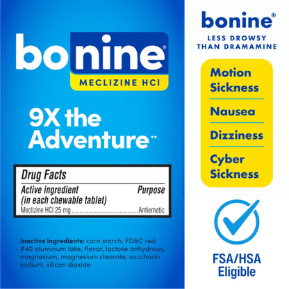 Bonine Non-Drowsy for Motion Sickness Relief, Sea Sickness, Car Sickness, Nausea, & Vomiting - Meclizine HCI 25mg, Travel-Sized - 16ct Raspberry Chewable Tablets (Packaging May Vary) - dailyvitalstore