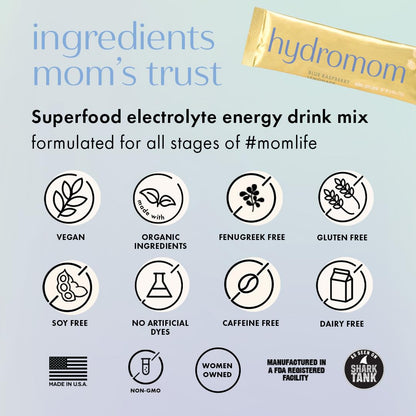 Boobie Hydromom Superfood Electrolyte Drink Mix, Blue Raspberry Lemonade | Refreshing Energy & Hydration Boost for Mamas | On-The-Go & Travel Essentials for Pregnancy, - dailyvitalstore